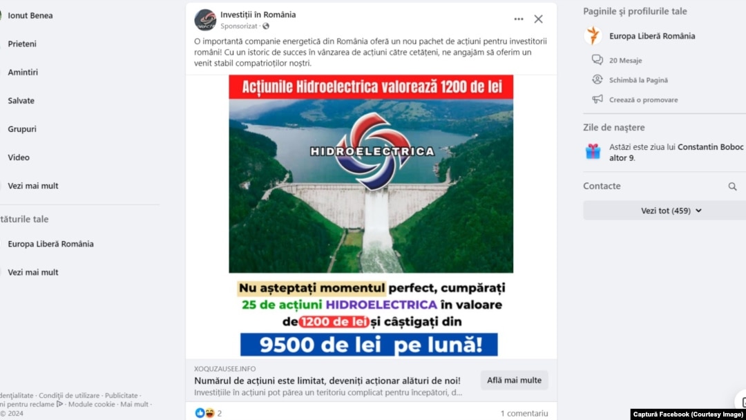 Un exemplu de reclamă înșelătoare care a fost promovată, contracost, de compania Meta (Facebook).