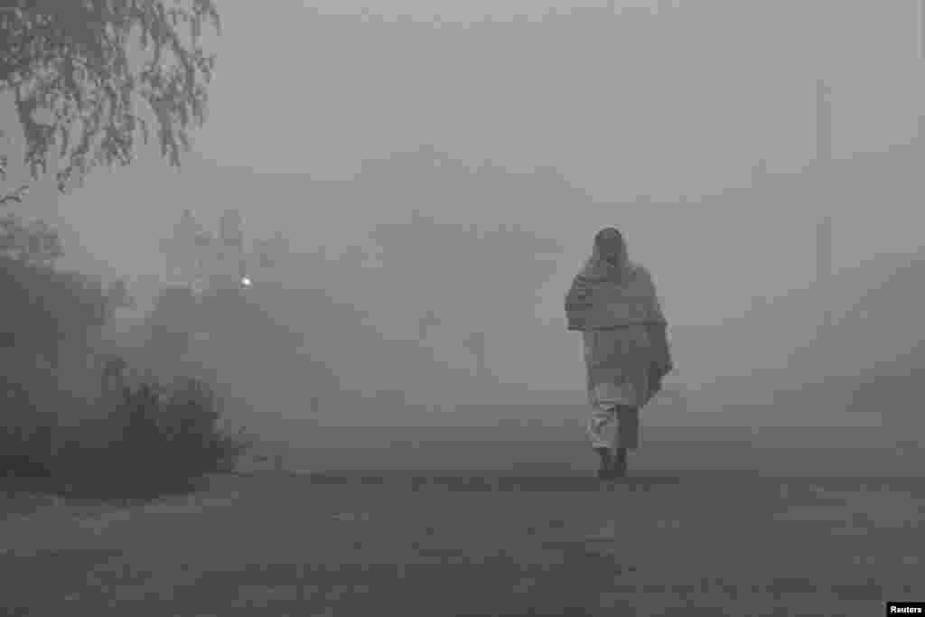 په پېښور کې یو کس له ځانه پټو تاو کړی دی او په کار پسې روان دی. د لړې له وجې د هغه شا ته سړک او ودانۍ نه ښکاري - د جنورۍ پینځمې انځور.