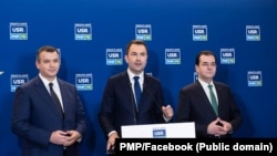 Eugen Tomac (stânga), liderul PMP, a intrat într-o coaliție de drepta alături de USR și Forța Dreptei. În imagine mai apar liderii acestor două partide, Cătălin Drulă (USR) și Ludovic Orban (Forța Dreptei).