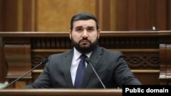 Armenia - Vahagn Aleksanian, a deputy chairman of the ruling Civil Contract party, speaks during a session of the Armenian parliament.