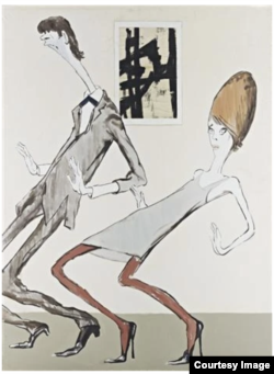Изображение карикатуры Кукрыниксов из журнала Крокодил № 4 за 1965 год. 1994. Холст, акрил, 200х150 см.