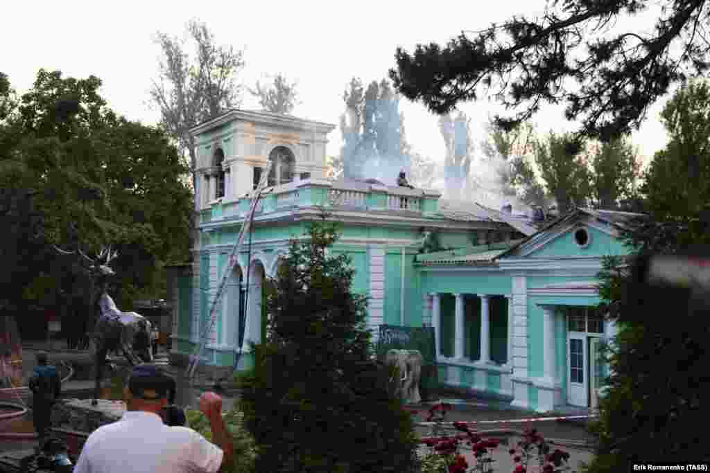 A building of the Rostov-on-Don Zoo smoulders after a fire on June 26.&nbsp;
