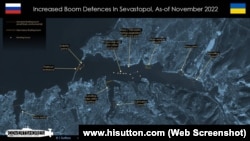 Карта зведених загороджень у Севастопольській бухті, де розташовані кораблі Чорноморського флоту Росії, листопад 2022 року. Джерело: www.hisutton.com