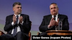 Premierul Marcel Ciolacu (stânga) și fostul premier Nicolae Ciucă, liderii coaliției de guvernare PSD-PNL.