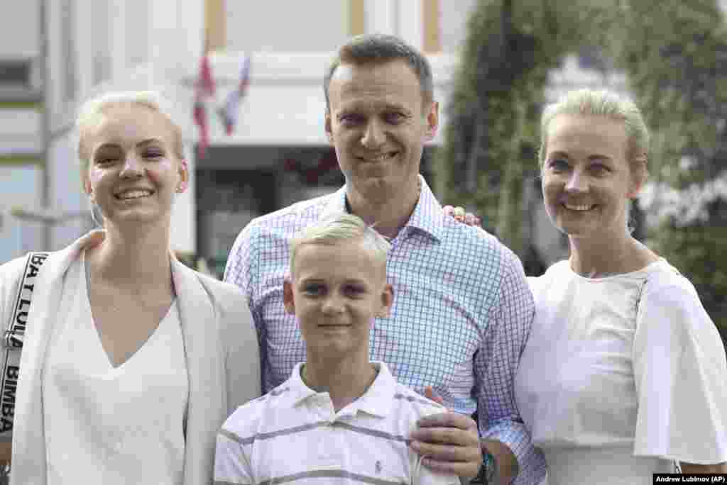 Navalny and his family pose for a photo after voting during a city-council election in Moscow on September 8, 2019. Navalny claimed that the Russian government had frozen all of his bank accounts, as well as those of his wife, his two children, and his elderly parents.