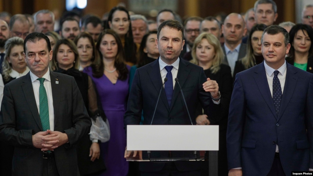 Liderii partidelor Alianței Drepta Unită, de la stânga la dreapta: Ludovic Orban (Forța Dreptei), Cătălin Drulă (USR) și Eugen Tomac (PMP)