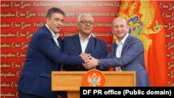 Posljednja zajednička pres-konferencija lidera DF-a na kojoj su objavili da gase taj politički savez: Nebojša Medojević, Andrija Mandić i Milan Knežević, 14. maj 2023.