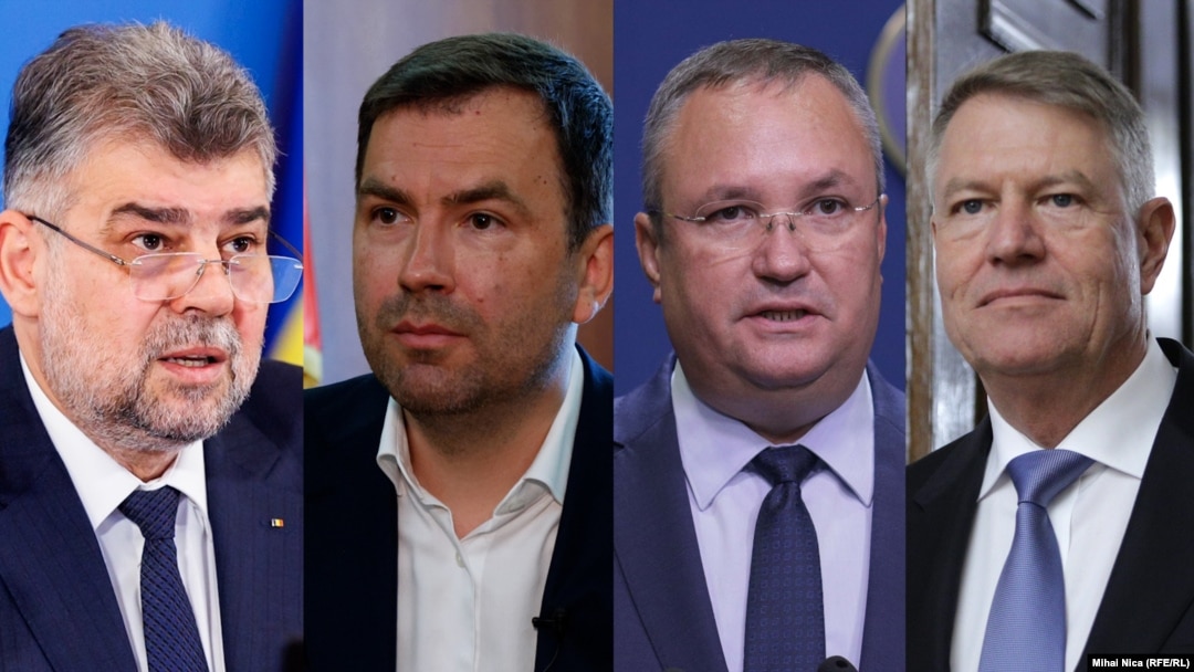 De la stânga la dreapta, Marcel Ciolacu - premier și președinte PSD, Cătălin Drulă - președintele USR, Nicolae Ciucă - președintele PNL și Klaus Iohannis - președintele României (Fotografii InquamPhotos, imagine prelucrată de Europa Liberă).