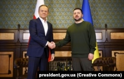 Президент України Володимир Зеленський і прем’єр-міністр Польщі Дональд Туск (ліворуч). Київ, 22 січня 2024 року