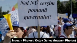 Teachers protest in Bucharest on May 30. 