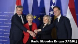 S leva na desno: premijer Hrvatske Andrej Plenković, predsednica Evropske komisije Ursula fon der Lajen, predsedavajuća Saveta ministara BiH Borjana Krišto i premijer Holandije premijer Mark Rute, Sarajevo, 23. januar 2024.