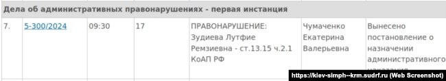 Информация о рассмотрении административного дела в отношении Лутфие Зудиевой о «злоупотреблении свободой массовой информацией» в подконтрольном России Киевском районном суде Симферополя, 20 марта 2024 года. Скриншот с сайта суда