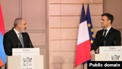 France - French President Emmanuel Macron and Armenian Prime Minister Nikol Pashinian make statements to the press at the presidential Elysee Palace, Paris, February 21, 2024