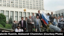 Russia -- Boris Yeltsin on a tank near the White House. August 1991
