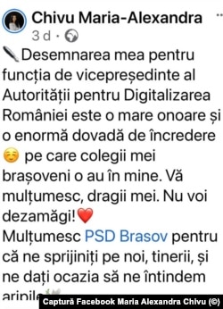 Maria Alexandra Chivu a mulțumit public partidului care a propulsat-o într-o funcție importantă.