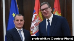 Ministar spoljnih poslova Azerbejdžana Džejhun Bajramov i predsednik Srbije Aleksandar Vučić, 7. novembar 2023. 