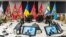 Representatives of Ukraine take part in a virtual meeting of the Ukraine Defense Contact Group in Kyiv on January 23.