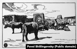 A woodcut of buffalo in Yerevan in 1926.