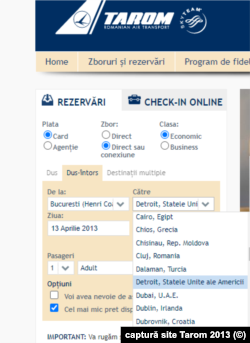 In 2013, de pe site-ul TAROM puteai cumpăra direct bilete pentru Detroit, New York și Washington.