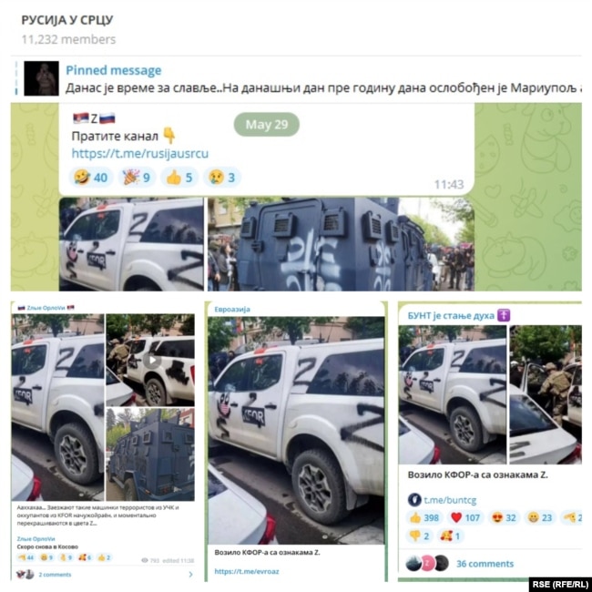 Fotot me simbolin "Z" të shkruar në automjetet e KFOR-it janë publikuar në kanalet pro-ruse Telegram "Rusia në zemër", "Shqiponjat e liga", "Eurasia" dhe "Rebelimi është një gjendje shpirtërore".