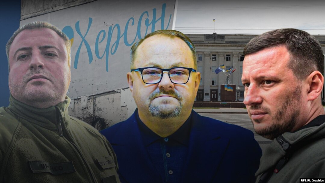 Фотоколаж, зліва направо: начальник Херсонської міської військадміністрації Роман Мрачко, перший заступник голови Херсонської облради Юрій Соболевський та начальник Херсонської ОВА Олександр Прокудін