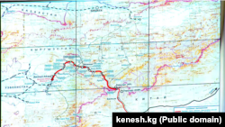 “Кытай-Кыргызстан-Өзбекстан” темир жолунун картасы. Жогорку Кеңештеги презентациядан алынган скриншот.
