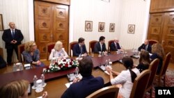  На срещата при президента участваха Кристина Петкова, Надежда Йорданова, Божидар Божанов, Кирил Петков и Николай Денков от ПП-ДБ. 