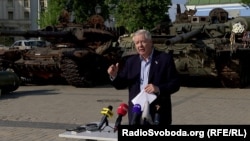 Graham addresses reporters during a visit to Kyiv on May 26.
