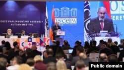 Armenian Prime Minister Nikol Pashinian addresses delegates to the fall session of the OSCE Parliamentary Assembly in Yerevan. November 18, 2023.