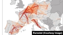 Harta Europei – viteza trenurilor. Liniile roșii și portocalii arată viteze peste 120, 160 de km/h. Liniile galbene arată viteze sub 60 de km/h. Sursa: Eurostat, 2019