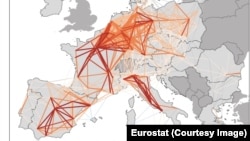 Viteza trenurilor în Europa - 2019. Liniile roșii arată viteze de peste 150 de km/h, cele portocalii - peste 120 de km/h, iar cele galbene sub 60 de km/h.
