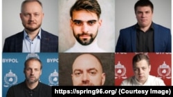 Alyaksandr Azarau (top left to bottom right), Andrey Astapovich, Uladzimer Zhyhar, and Aleh Talerchyk, Ihar Loban, and Matsvey Kupreychyk face many tears in prson if convicted. (combo photo)