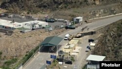 A view of an Azerbaijani checkpoint blocking traffic through Nagorno-Karabakh's sole land link with Armenia, July 28, 2023.