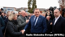 Milorad Dodik greets supporters in front of the court in Sarajevo on January 17. 