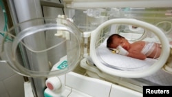 Palestinska djevojčica koja je rođena carskim rezom, u inkubatoru u bolnici Al-Emirati u Rafahu, 21. aprila 2024.