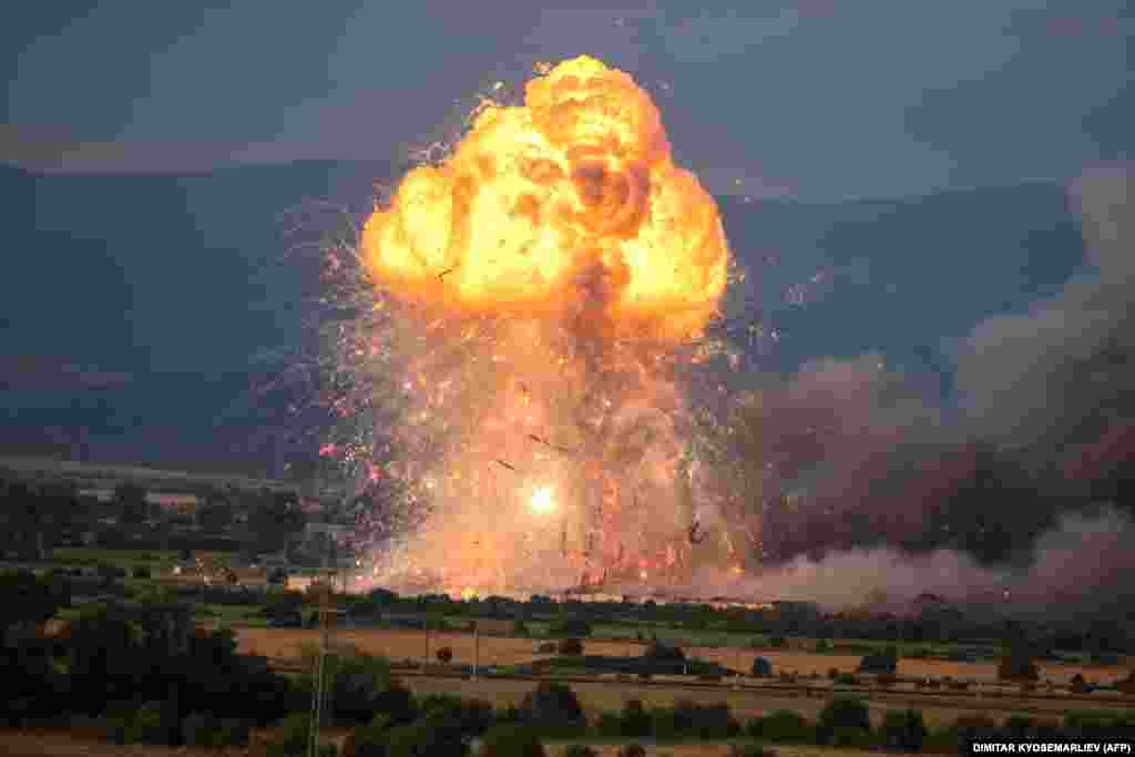 An explosion can be seen at a fireworks factory on the outskirts of the Bulgarian capital, Sofia, on July 25.&nbsp;