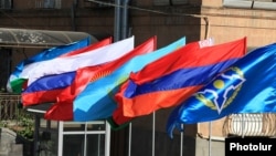 Armenia- Flags of the Collective Security Treaty Organization and its member states fly in Yerevan, November 24, 2023.
