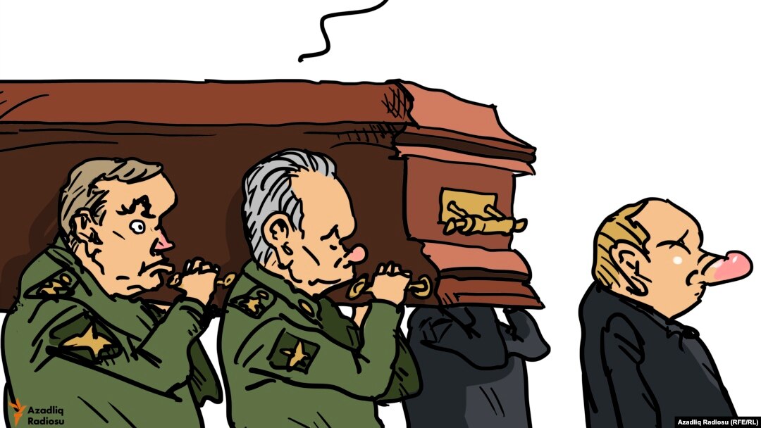 O caricatură a serviciului RFE/RL din Azerbaidjan la informația că Evgheni Prigojin, liderul grupării de mercenari Wagner, a murit în prăbușirea unui avion pe 23 august, în apropiere de Moscova.