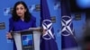 Kosovar President Vjosa Osmani speaks at a press conference at NATO headquarters in Brussels on September 7.