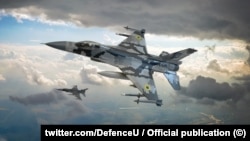 Реактивный истребитель F-16 в украинском камуфляже. Коллаж опубликован в официальном Твиттере ВСУ