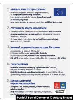 Flyer cu cele cinci promisiuni ale PSD și PNL pentru alegerile europarlamentare din 2024.