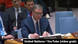 Presidenti serb, Aleksandar Vuçiq, në seancën e Këshillit të Sigurimit të Kombeve të Bashkuara në Nju Jork, 8 shkurt 2024.