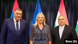 Milorad Dodik (L), Željka Cvijanović i Viktor Orban, Budimpešta, 20. avgust 2023.