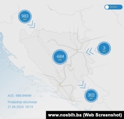 Tokovi struje na prekograničnim dalekovodima BiH 21. juna u 18.19 sati, nekoliko časova nakon nestanka električne energije.