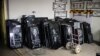 Gravestones are displayed at Volodymyr Cherdakov's workshop near Yatseve cemetery on the outskirts of Chernihiv in January.