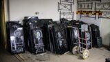 Gravestones are displayed at Volodymyr Cherdakov's workshop near Yatseve cemetery on the outskirts of Chernihiv in January.