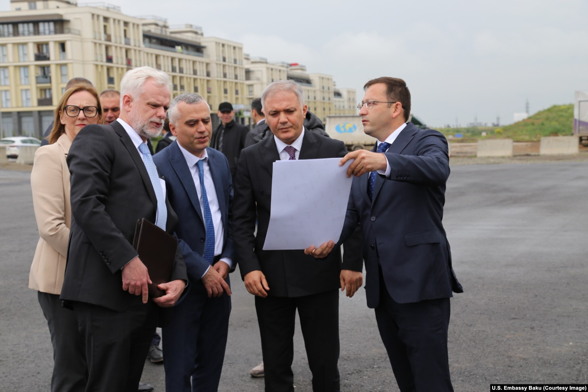 Ambassador Libby (left) viewing rebuilding efforts in the Fuzuli district of Azerbaijan, which was recaptured from ethnic Armenian forces in October 2020.