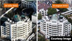 Clădirile Ambasadei Federației Ruse la Chișinău: în stânga - fotografie publicată de The Insider în luna iulie; în dreapta - fotografie făcută cu peste o lună mai târziu. Aceleași antene pe ambasadă și înainte, și după reducerea masivă a numărului diplomaților.