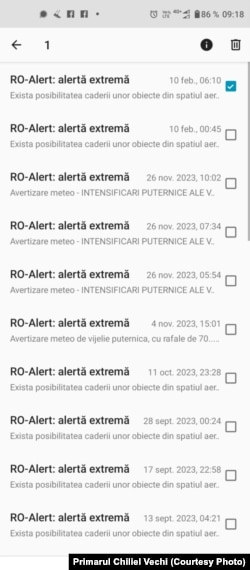 Istoricul mesajelor Ro-Alert (13 sept 2023-10 feb 2024) din telefonul unui locuitor al satului Chilia Veche, jud Tulcea