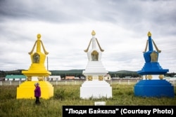 Three stupa that were erected on the grounds of the monastery in Dadal to commemorate Buryats killed in Soviet-era repressions.